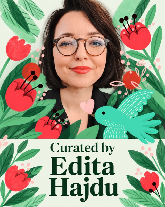 Curated by Edita Hajdu — portrait framed by illustrated flowers and a turquoise bird